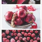 "Reiseideen, Verkostungen und Feiertagsanlässe. Januar. Rote Karotten, Zwiebeln, gefrorene Himbeeren auf schwarzem Hintergrund."