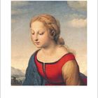 Text: "Januar January" und datiert 1-31. Illustration einer blondhaarigen Frau in rotem Kleid. Ruhiges Gesicht, blauer Himmel.