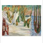 Text: "Eduard Munch" und "Alter Mann im Schnee". 
Illustration: Waldszene mit Bäumen, Schnee und einem Haus im Hintergrund.
