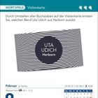 "WORTSPIELE Visitenkarte. Uta Udich Herborn. 8. Februar. Rosenmontag. Wassermann. Kalender mit Linienmuster."