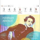 Kalender: Wochentage vom 3. bis 9. Mai. "HANNAH ARENDT" und Zitat über Denken. Illustration einer Frau.