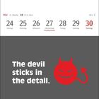 Kalender: Mai, Woche 21, 24.–30. Fronleichnam am 27. Unten ein rotes Teufel-Logo mit Text: "The devil sticks in the detail."