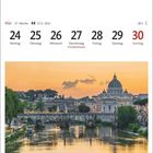 Mai-Kalenderwoche, 24. bis 30. Aeliusbrücke über dem Tiber. Sonnenuntergang über Stadt mit Fluss und Kuppel im Hintergrund.