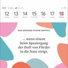 April 15. Woche; 12-18 Montag-Sonntag. "Das grosse kleine Gefühl ... wenn einem beim Spaziergang der Duft von Flieder in die Nase steigt." Bunte Formen.