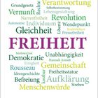 Verschiedene Wörter wie "FREIHEIT", "Gleichheit", "Demokratie". Kalenderdaten unten: Februar 15-21.