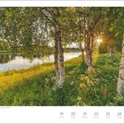 Text: "April", "Birken am Ufer des Kitinen bei Sodankylä, Finnland". Szene: Birken stehen am Flussufer in sonniger Umgebung.