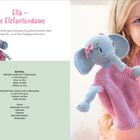 "Ella – die Elefantendame." Häkelanleitungstext. Rechts: Kind lächelnd mit gestrickter Elefant-Handpuppe in Rosa und Grau.