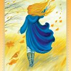 „Sturm. Schaffe Platz in deinem Leben.“ Eine Frau im blauen Mantel geht durch starken Wind, Blätter fliegen umher.