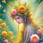 Text: "7 Baumwesen". Fantasievolle Illustration eines Gesichts, das sich harmonisch in eine farbenreiche Naturkulisse einfügt.