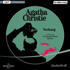 "Agatha Christie", "Vorhang", "Gelesen von Christoph Maria Herbst". Silhouette eines Mannes mit Glatze, Pfeife und pinkem Schnurrbart.