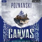 „Poznanski“, „Canvas“, „Gelesen von Laura Maire“. Ein schwebendes Schloss auf einer Felseninsel, umgeben von digitalem Muster.