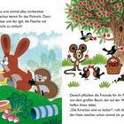 Texte: Vorbereitung für Picknick, Apfelsaftflasche öffnen, Süßkirschen pflücken, Vögel helfen.  
Illustration zeigt Tiere beim Picknick.