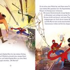 Links: Kraven kämpft gegen Spider-Man. Rechts: Spider-Man und Ms. Marvel planen gemeinsam. Farbenfrohe Comic-Illustration.