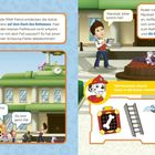 Katie und die PAW Patrol entdecken eine Katze auf dem Rathausdach. Ryder ruft Marshall zur Rettung. Illustrationen zeigen Szenen der Rettung.