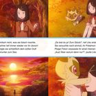 Texte: Liko sucht ihren Pokémon-Partner, folgt Felori zum See. Sie findet ihn, doch er schlägt sie aus Versehen. Unten: Sonnenuntergang.