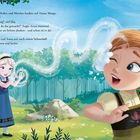 Illustration zweier Kinder im Wald; Schnee wirbelt, eins lacht, während das andere Magie wirkt.