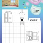 „Backen mit Kuchi!“ in einem Herz oben rechts. Anleitung: Schneiden, Falten, Kleben. Illustration einer Küche.