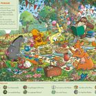 "Zeit für ein Picknick" und "Was entdeckst du hier? Zeig es mir!". Fröhliche Szene mit bekannten Figuren beim Picknick.