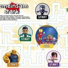"Gemeinsam stark" steht oben. Superhelden-Bilder mit "START" Umschreibung: Figuren, bunter Hintergrund, Labyrinth mit Ziel.