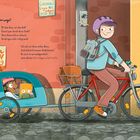 Text über Fortbewegung: Ein Kind, Helm tragend, fährt Rad mit Anhänger durch die Stadt. Ein Vogel sitzt auf der Fensterbank.