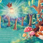 Text: "Im Wald wird es dunkel... im Laternenlicht."
Illustration: Ein Wald bei Nacht, ein Rotkehlchen mit Laterne, schlafende Füchse im Baum.