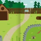 "EXIT"-Schild auf Holzzaun. Illustration eines Gartens mit Holzhaus, Weg, Baumstamm, Teich und Tannen im Hintergrund.