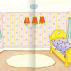 Illustration eines Kinderzimmers mit gelbem Bett, Herzmuster, blumiger Tapete, Vorhängen und Teppich.