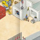 Illustration einer Baustelle mit Arbeitern, die verschiedene Aufgaben ausführen. Es gibt Kräne, Container und Baugerüste.