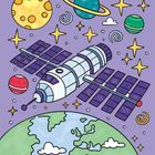 Raumstation im All, umgeben von Planeten, Sternen und Erde in Cartoongrafik.