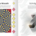 **Linke Seite:** "Magisches Mosaik" - optische Illusion, bewegende Muster.  
**Rechte Seite:** "Schräge Pfeile" - Zeichnung mit 3D-Effekt.