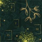 Nummern von 1 bis 24 in goldenen Kästchen auf dunkelgrünem Hintergrund, verziert mit Mistelzweigen und Sternen.