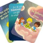 „Der kleine Prinz und seine Freunde – Mutmachkarten“. Illustration eines fröhlichen Jungen mit gelben Haaren und Schal.