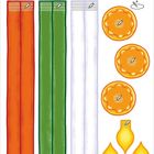 Nummer 5, Anleitungen mit Lampensymbolen. Drei farbige Stoffstreifen: Orange, Grün, Weiß. Vier runde orange Muster.