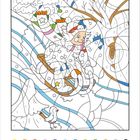 Zahlen von 1 bis 12 in verschiedenen Bereichen. Ein Schlitten mit Person im Schnee, bunte Farbpalette unten.