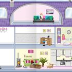 Illustration eines dreistöckigen Hauses, das in Räume unterteilt ist: Wohnzimmer, Küche, Badezimmer, Arbeitszimmer, Dachboden.