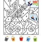 Malvorlage mit Zahlen von 2 bis 8. Oben rechts Illustration: Person streckt Hand zu einer Katze. Unten Farbnuancen.