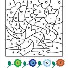 Zahlen 3, 4, 7, 10 in Bereichen; unten bunte Blumen mit 4, 3, 10, 7. Illustration eines Tieres umgeben von Formen.