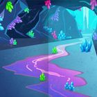 Leuchtende Kristalle in Blau, Grün, Pink. Ein strahlendes Gemälde einer Höhle mit buntem Fluss inmitten faszinierender Kristalle.