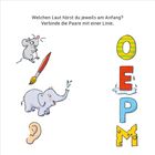 "Welchen Laut hörst du jeweils am Anfang? Verbinde die Paare mit einer Linie." Links: Maus, Pinsel, Elefant, Ohr. Rechts: O, E, P, M.