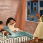 Text: „Das ist Hamad. Hamad ist vier Jahre alt und wohnt in Amman. [...]“. Eine Illustration: Ein alter Mann erzählt Kindern eine Geschichte.