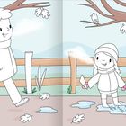 Ein Junge und ein Mädchen spazieren an einem Holzzaun entlang. Es ist Herbst. Ein Vogel sitzt auf einem Baum.