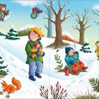 „Beim Winterspaziergang.“ Ein Winterwald mit Eule, Rotkehlchen, Fuchs, zwei spielenden Kindern und schneebedeckten Bäumen.