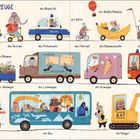 "SO VIELE FAHRZEUGE" zeigt Illustrationen von Fahrzeugen wie Sportwagen, Polizei, Feuerwehr und Eiswagen mit Tieren.
