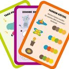 FARBEN-RÄTSEL: Ordne Farben zu Bildern. ZEICHNE EIN: Katze. TANZ-PARTY: Elefant mit Noten. Farben und Symbole zeigen Aufgaben.