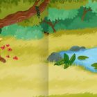 Illustration eines Waldes: Baum mit Baumstamm, Pilzen, Blumen. Rechts ein Teich mit Seerosen. Viel Grün.