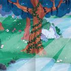 Illustration eines Waldes: Ein Einhorn liegt auf einer Lichtung, umgeben von Blumen und Bäumen.