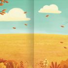 Eine Illustration zeigt einen Herbsttag. Am Himmel sind Wolken, bunte Drachen und fallende Blätter in einer weiten Landschaft.