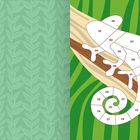 "Chamäleon" oben rechts. Illustration eines Chamäleons auf einem Ast, umgeben von grünen Blättern, nummerierte Segmente.