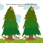 Zwei Tannen, ein Vogel, eine Maus. Frage: "Welche 5 Fehler haben sich auf dem rechten Bild eingeschlichen? Kreise sie ein."