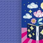 Text: "Zauberbuch". Illustration eines offenen Buches, aus dem Papierwolken, Sterne, eine Blume und ein Mond aufsteigen.